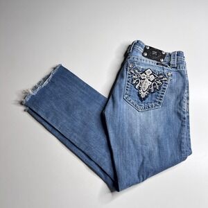 Miss Me Jeans Womens 31 Blue Straight Embroidered Rhinestone Cross Pockets Denim